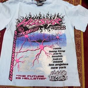 Hellstar Records Men's Graphic Tee - Light Blue and Pink